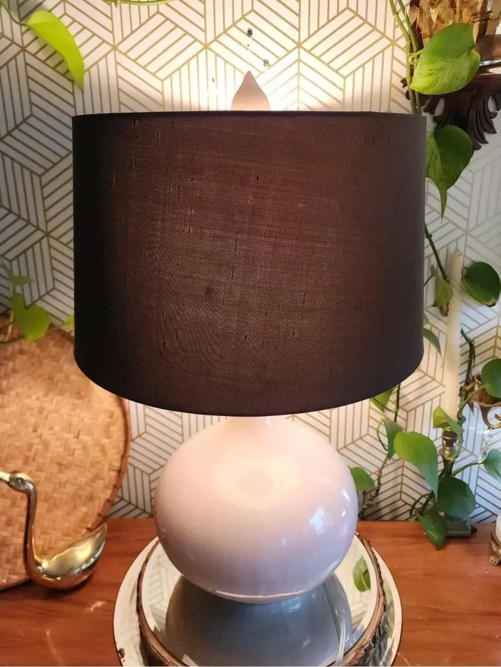 Vintage Large Pink Ceramic Table Lamp With Drum Shade And Ceramic Finial